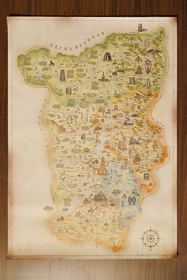 На этой сувенирной карте обозначены все туристические кластеры Пермского края и его основные достопримечательности