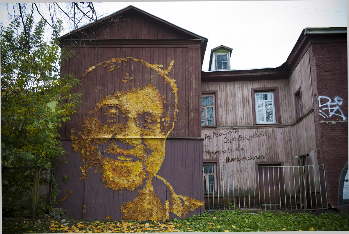 Художник Александр Жунёв создал портрет музыканта из осенних листьев