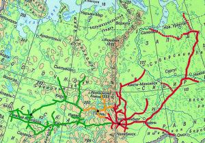 Схема Свердловской и Горьковской железных дорог (соответственно красный и зелёный цвет). Начертание 