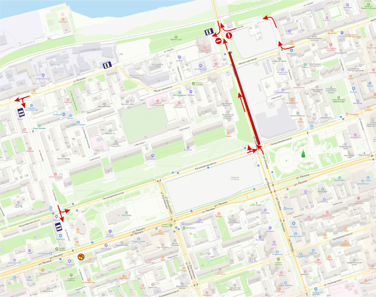 Схема движения по улице Попова и Монастырской 