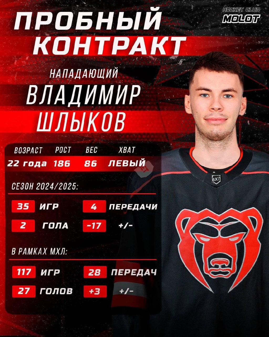 Нападающий Владимир Шлыков подписал пробный контракт с пермским «Молотом»